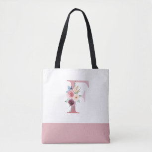 Bolsa Tote Letra F Monograma Floral Rosa Personalizada