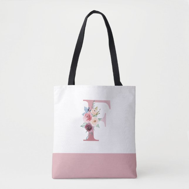 Bolsa Tote Letra F Monograma Floral Rosa Personalizada (Frente)
