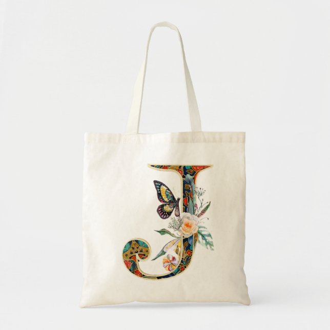 Bolsa Tote Letra floral elegante bohemiana J (Frente)