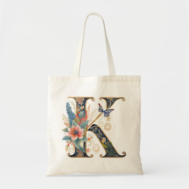 Bolsa Tote Letra floral elegante bohemiana K (Frente)