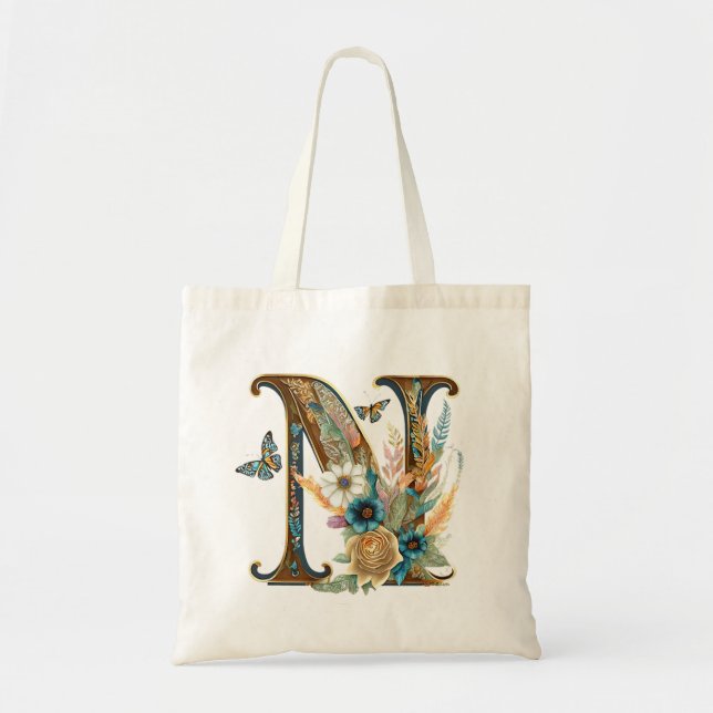 Bolsa Tote Letra floral elegante bohemiana N (Frente)