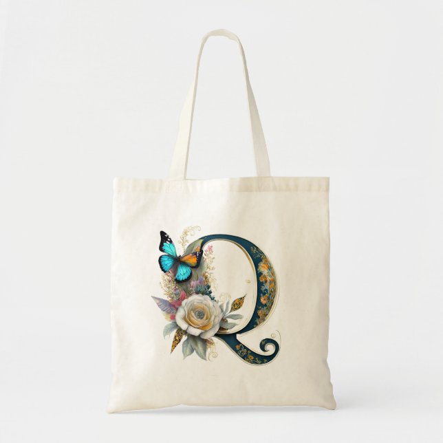 Bolsa Tote Letra floral elegante bohemiana Q (Frente)