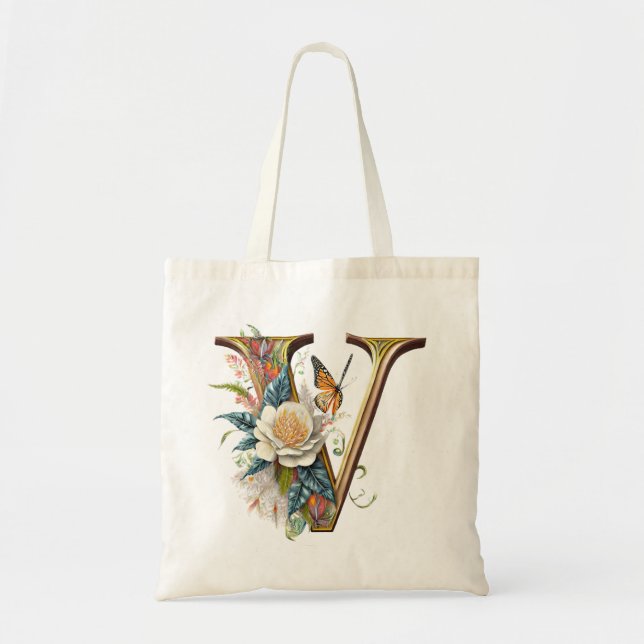 Bolsa Tote Letra floral elegante bohemiana V (Frente)