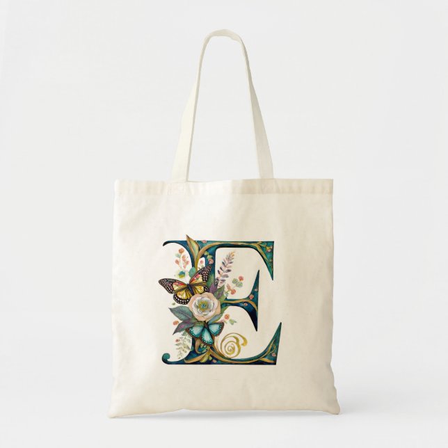Bolsa Tote Letra floral legante boêmica E (Frente)