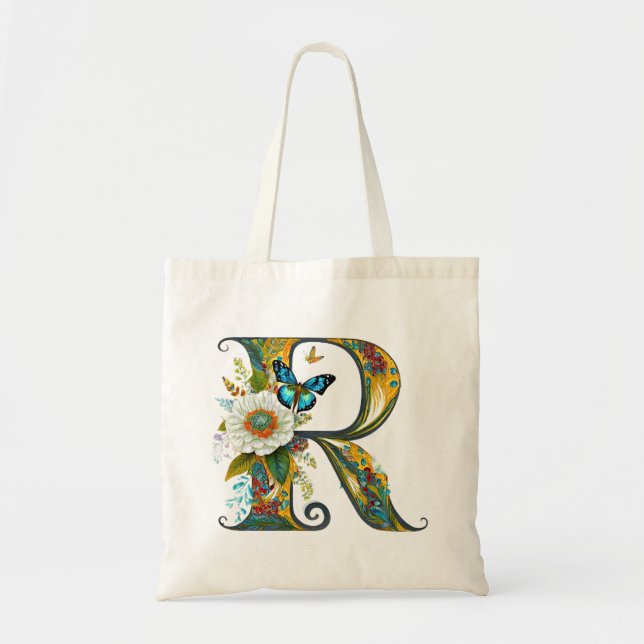 Bolsa Tote Letra floral legante boêmica R (Frente)