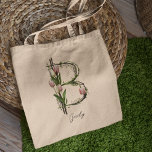 Bolsa Tote Letra Floral Personalizada 'B' - Presente Personal<br><div class="desc">Saco de tota de monograma B elegante com tulipas e vinhas. Personalize com seu nome,  perfeito para amantes da natureza e presentes pensativos.</div>