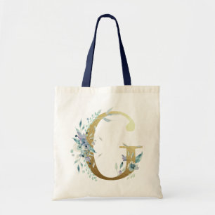 Bolsa Tote Letra G de Monograma Dourado Flores de Aquarela Az