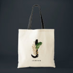 Bolsa Tote Letra J Monograma | Folhas Tropicais Bridesmaid<br><div class="desc">Saco de tota J monograma personalizável, com folha de palma tropical de cor aquosa, folha de folha de folha de ouro falso e sotaque de pincel de aquarelas pretas. Personalize esta bolsa de tote de monograma tropical adicionando seu nome ou outros detalhes. Esta bolsa de monograma da letra J será...</div>