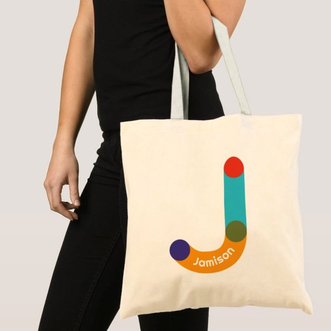 Bolsa Tote Letra J Monograma Nome Blue Orange Tipografia (Criador carregado)