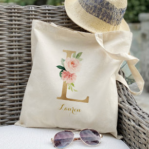 Bolsa Tote Letra L Dourada e Floral Rosado Personalizado