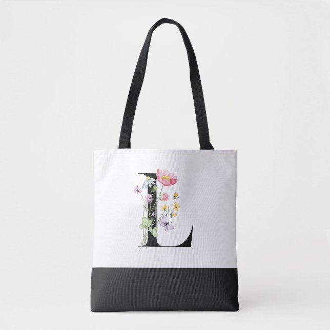 Bolsa Tote Letra L Personalizada Monograma de Flor Selvagem (Frente)