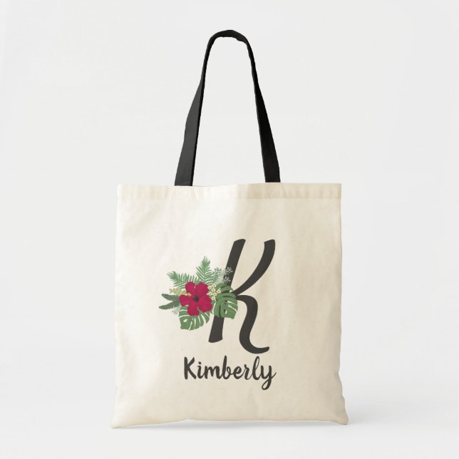 Bolsa Tote Letra monográfica floral de buquê tropical "K" (Frente)