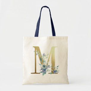 Bolsa Tote Letra Monograma Dourada M Flores Aquarela Azul