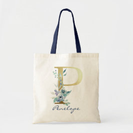 Bolsa Tote Letra Monograma Dourada P Azul Nome Decoração Flor