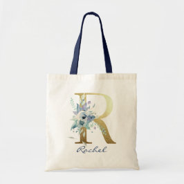 Bolsa Tote Letra Monograma Dourada R Azul Nome Decoração Flor