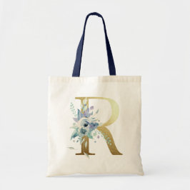 Bolsa Tote Letra Monograma Dourada R Flores Aquarela Azul