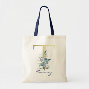 Bolsa Tote Letra Monograma Dourada T Azul Decoração Floral