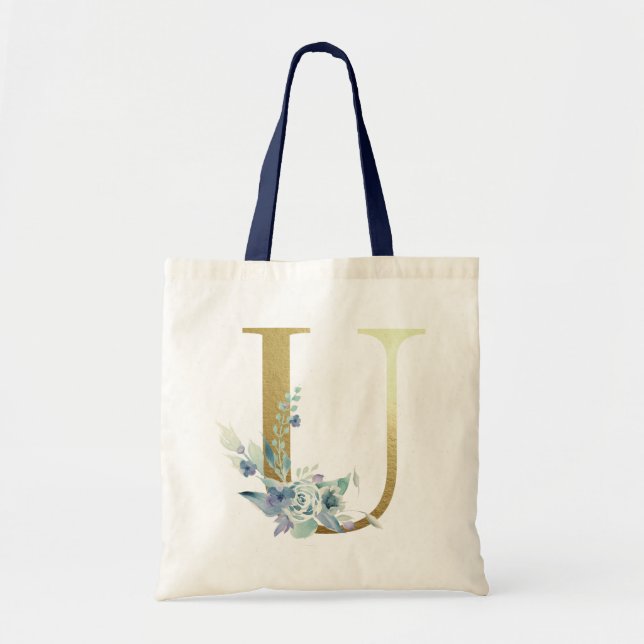 Bolsa Tote Letra Monograma Dourada U Flores Aquarela Azul (Frente)