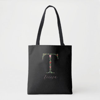 Bolsa Tote Letra monograma floral personalizada com aquarela 