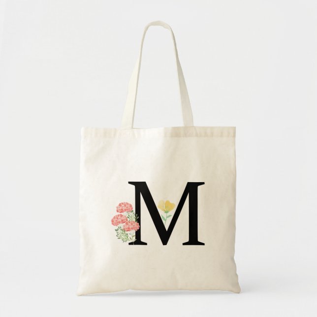 Bolsa Tote Letra Monograma M com Rosas em Aquarela Spray Flor (Frente)