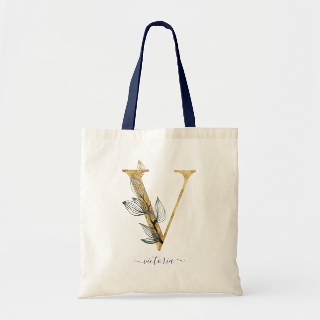 Bolsa Tote Letra Monograma Moderna "V" em Azul Naval com Folh (Frente)