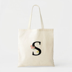 Bolsa Tote Letra monograma S aquarela flores buquê rosa