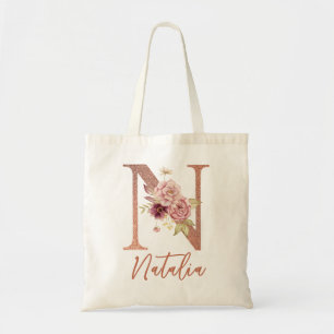 Bolsa Tote Letra N, cor-de-rosa pincelado, Monograma Floral