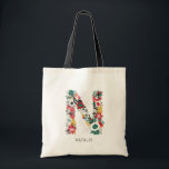 Bolsa Tote Letra N | Letra oral branca monograma I<br><div class="desc">Saco branco,  festivo e elegante monograma com letra floral,  monograma,  com flores em folhagem,  em vermelho,  verde,  ouro e cinza. Outras cores e letras estão disponíveis. Letra N</div>