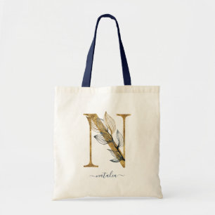 Bolsa Tote Letra "N" Monograma Moderno Folha Dourada Azul Mar
