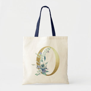 Bolsa Tote Letra O Monograma Dourado Flores Aquarela Azul
