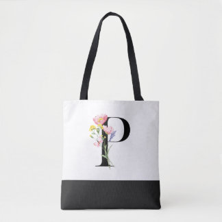Bolsa Tote Letra P personalizada do monograma de flor selvage