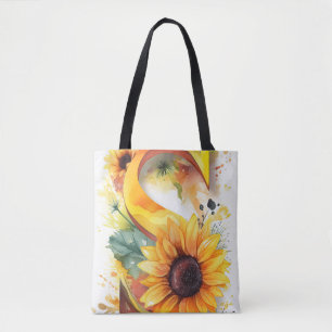 Bolsa Tote Letra personalizada de girassol e aquarela S
