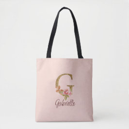 Bolsa Tote Letra Personalizada G Dourado Folha Rosa Bege Rosa