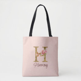 Bolsa Tote Letra Personalizada H Dourado Folha Rosas Rosa Des