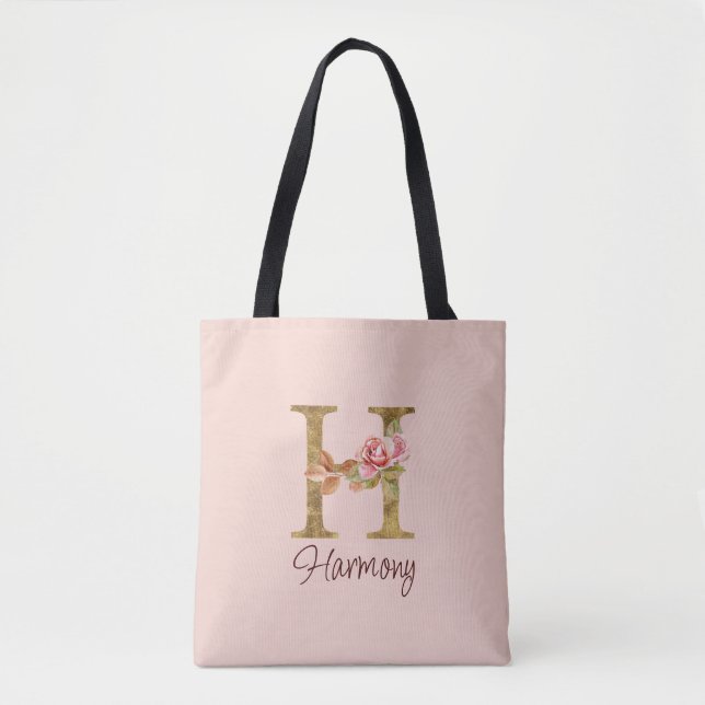 Bolsa Tote Letra Personalizada H Dourado Folha Rosas Rosa Des (Frente)