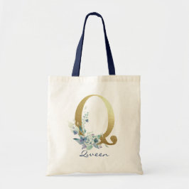 Bolsa Tote Letra Q Monograma Dourado Azul Decoração Floral No
