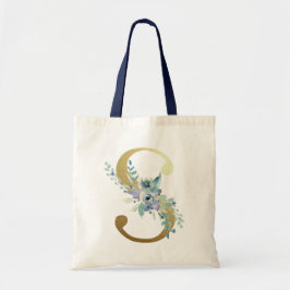 Bolsa Tote Letra S de Monograma Dourado Flores de Aquarela Az