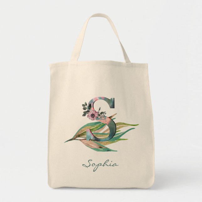 Bolsa Tote Letra S Floral Personalizada Monograma de Folhagem (Frente)