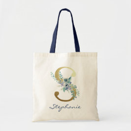 Bolsa Tote Letra S Monograma Dourado Decoração Floral Azul No