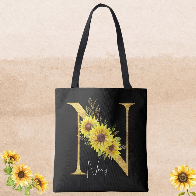Bolsa Tote Letra Sunflower Monograma N Floral - Letra N Gift (Criador carregado)