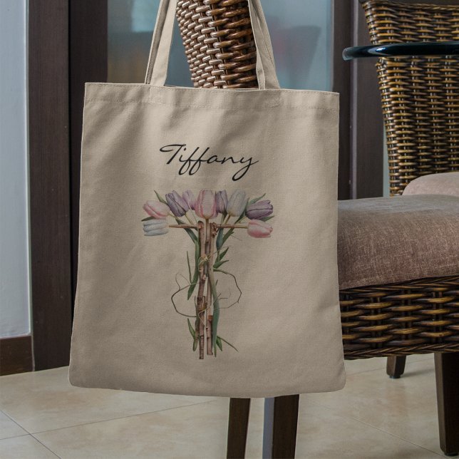 Bolsa Tote Letra T de Bouquet de Tulipas Flor Monograma Nome  (Criador carregado)