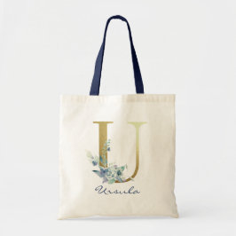Bolsa Tote Letra U de Monograma Dourado Nome Decoração Floral