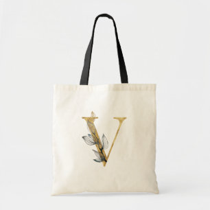 Bolsa Tote *~* Letra V Monograma Dourado Folhas Pretas Inicia