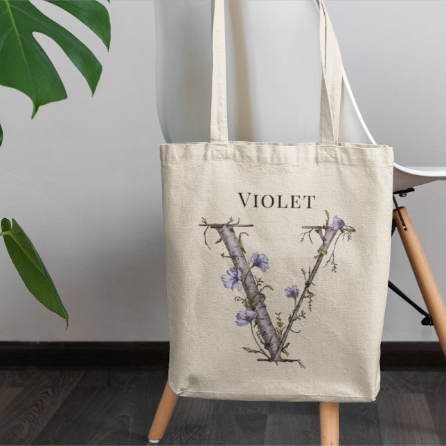 Bolsa Tote Letra Violeta Suave V Monograma Floral Nome Person (Criador carregado)