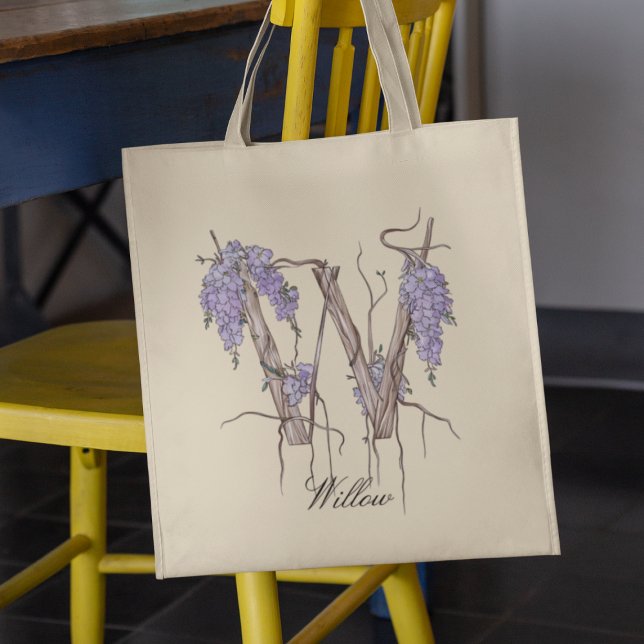 Bolsa Tote Letra 'W' de Wisteria Monograma Floral Nome Person (Criador carregado)