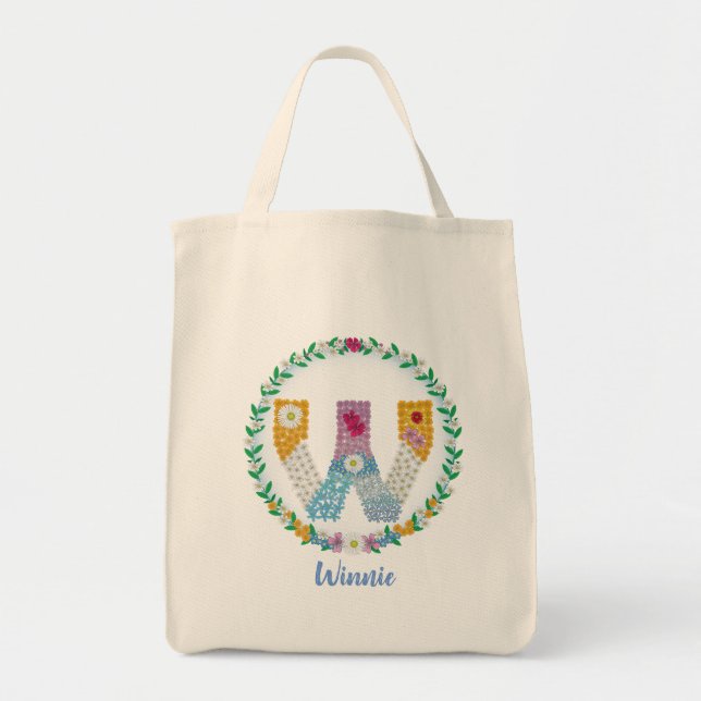 Bolsa Tote Letras Flores Iniciais "W" com Nome Personalizado (Frente)