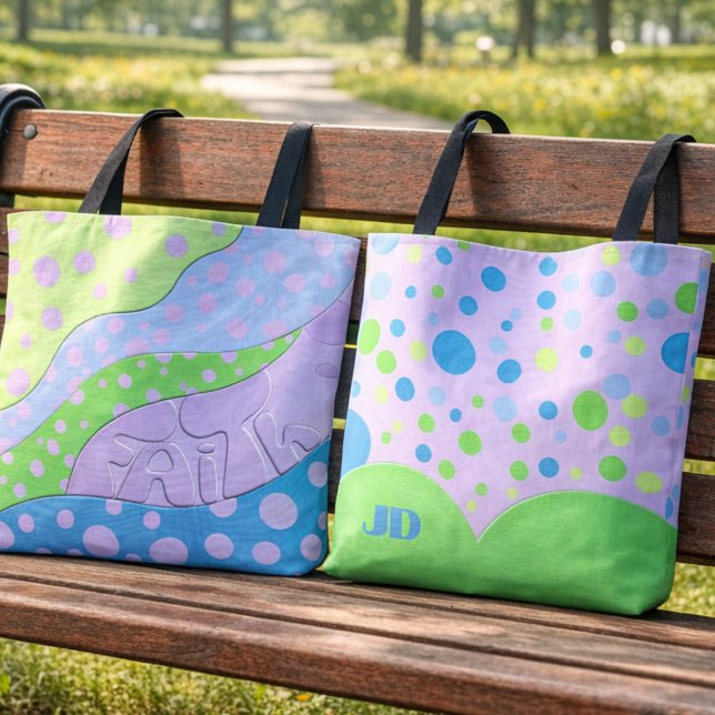 Bolsa Tote Letras Pastel Faith Pontos (Carry a little Faith with you. Initials on the back make it yours. Pretty pastel blue and green.)