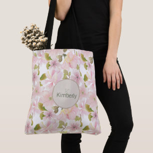 Bolsa Tote Leve Rosa Magnolia Floral Monograma Inicial