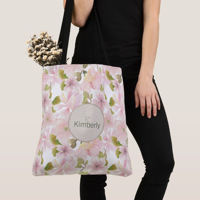 Bolsa Tote Leve Rosa Magnolia Floral Monograma Inicial (Close Up)