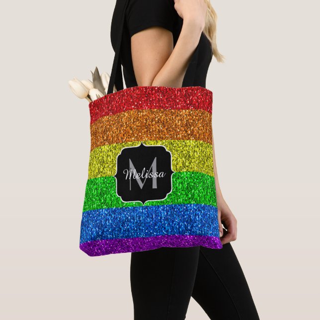 Bolsa Tote LGBT indicador vibrante do arco-íris brilho Monogr (Close Up)